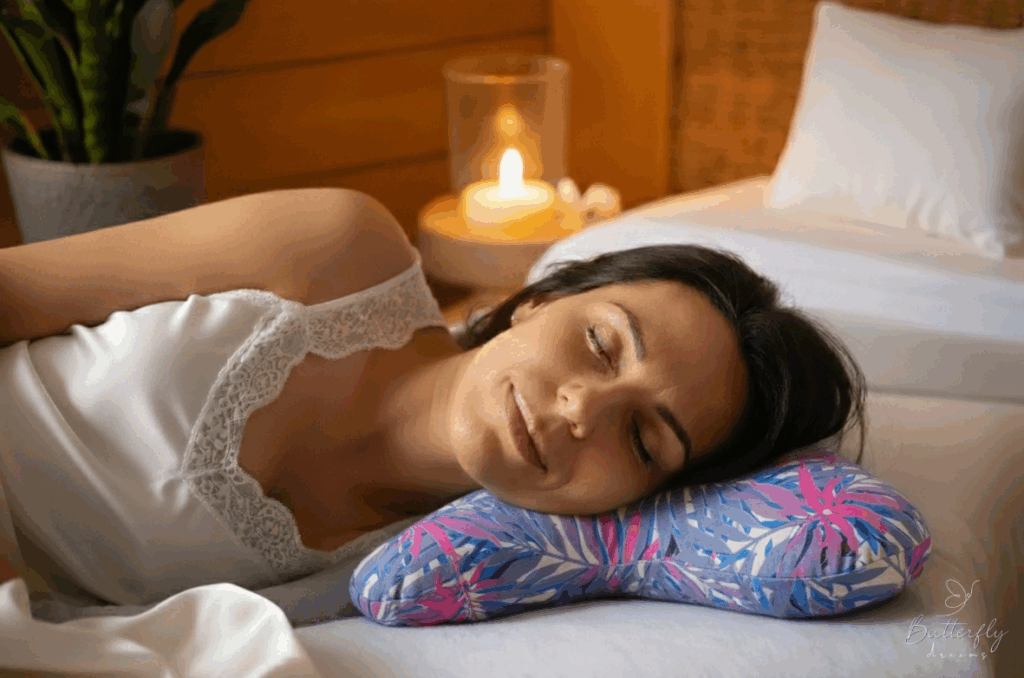 butterflydreams poduszka antyzmarszczkowa różowa z wypelnieniem z kulki silikonowej